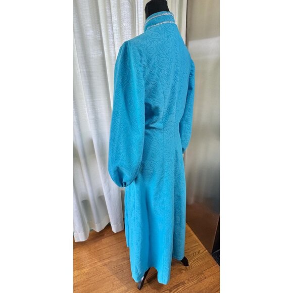 Vintage 1960s dress, turquoise blue, coat-style maxi duster, mandarin collar - Picture 5 of 10